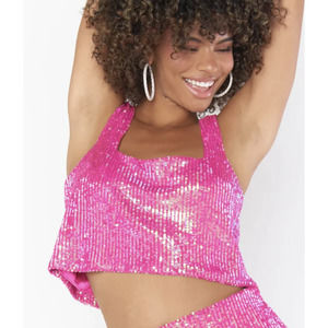 Show Me Your Mumu Tara Crop Top Pink Disco Sequin Square Neck Glitter Small NEW